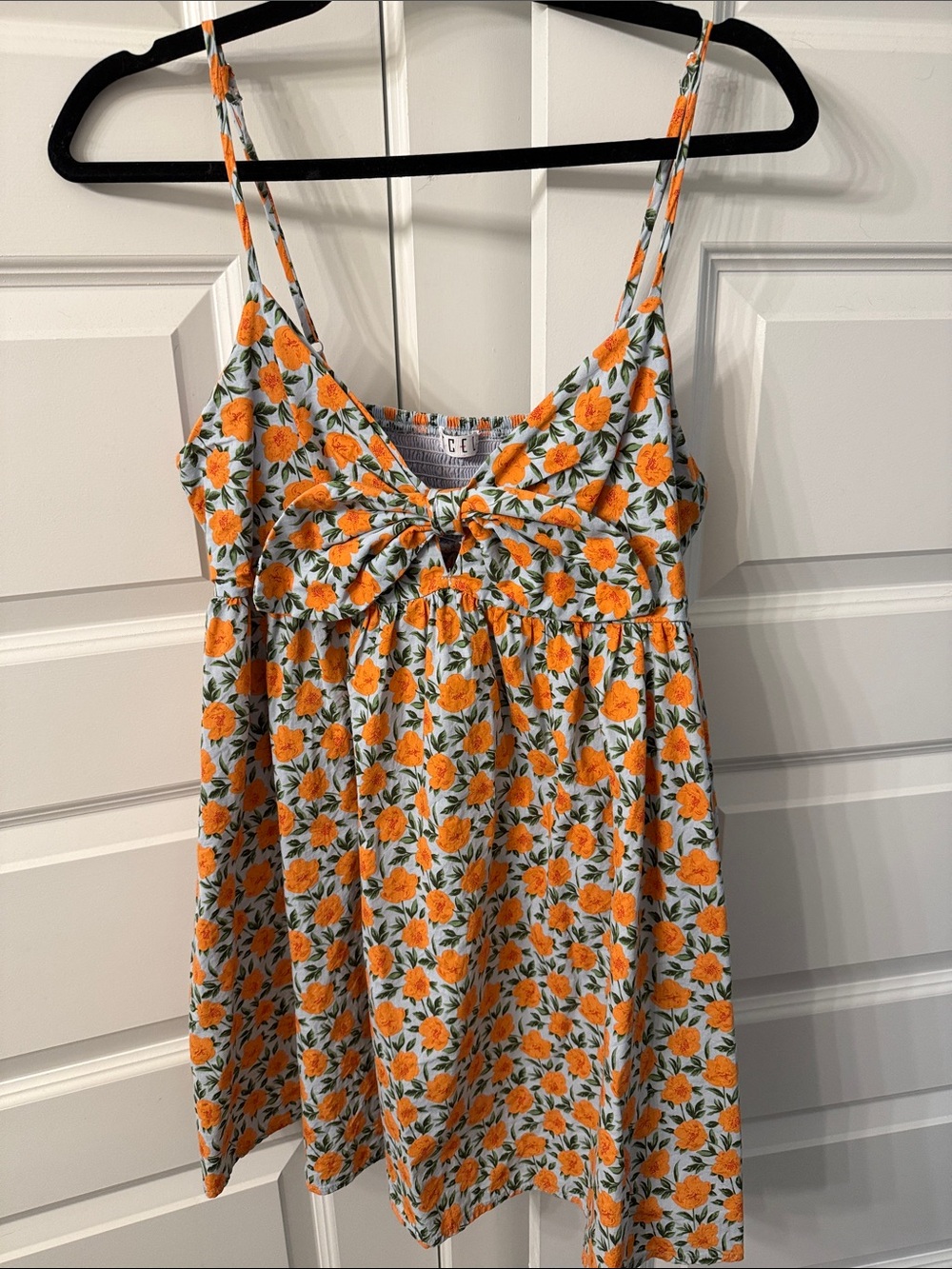 TCEC Light Blue Mini Dress with Orange Floral Print and Tie Front with pockets